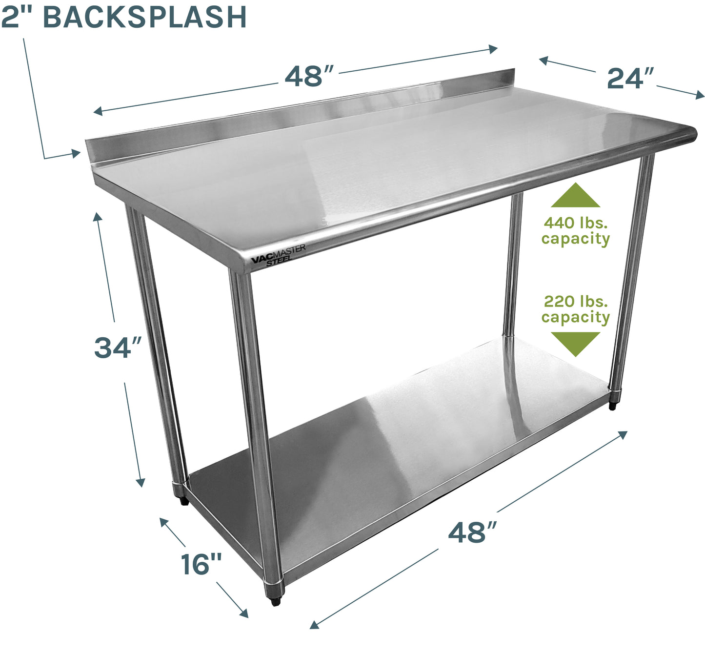 VacMaster Steel 24" X 48" 18-Gauge Stainless Steel Work Table with 2" Backsplash